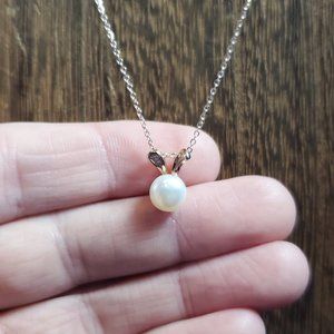 16 Inch Rose Gold Over 925 Sterling Silver Pearl And CZ Pendant Necklace